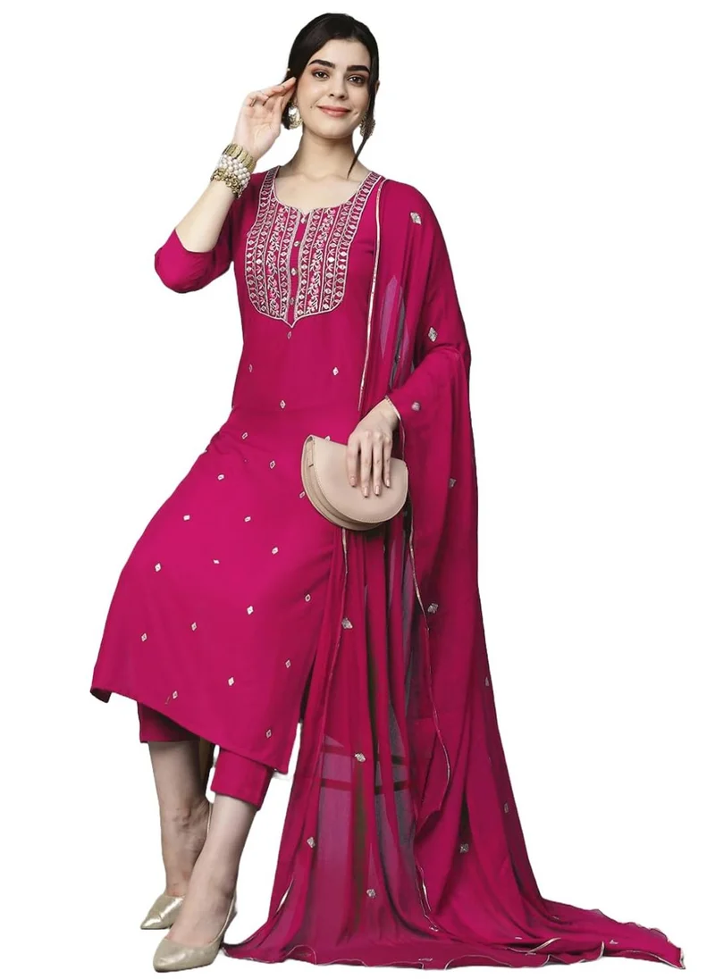 GoSriKi GoSriKi Women's Cotton Blend Embroidered Straight Kurta with Pant & Dupatta (Kasturi Pink-AL-GS_XXL_Pink_XX-Large)